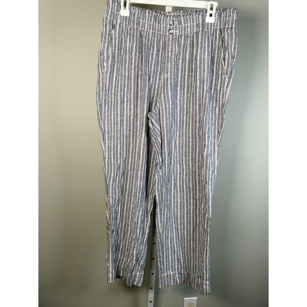 Briggs Linen Pants Large Grey Striped Pull On‎ Beach Coastal Summer Loungwear